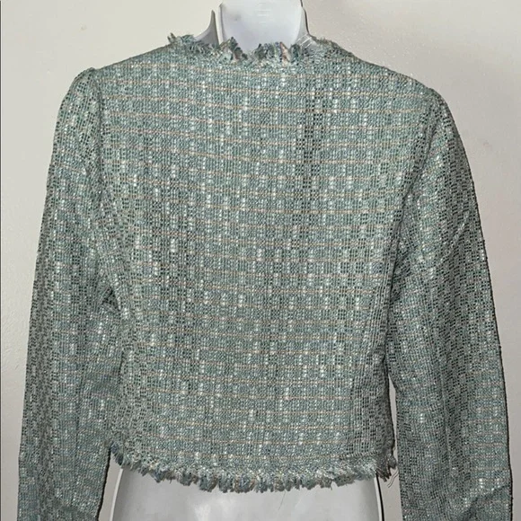 Blue Cropped Blazer with Textured Fabric - Picture 6 of 7